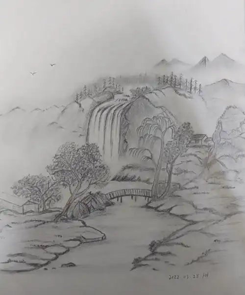 墨色山水素描风景画