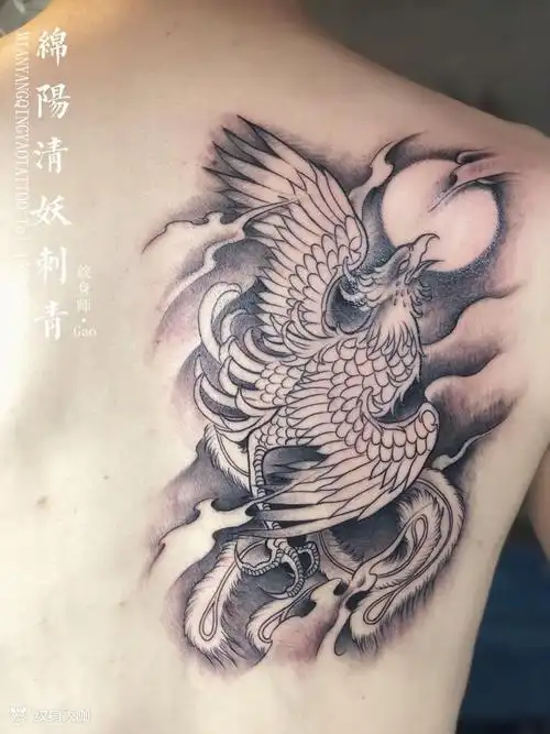 后背凤凰纹身,未完待续 高作品_纹身图案手稿图片_李中杨的纹身作品集