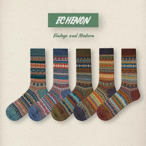 新款民族风秋冬袜子批发潮牌男女袜精梳棉无骨复古潮流情侣中筒袜