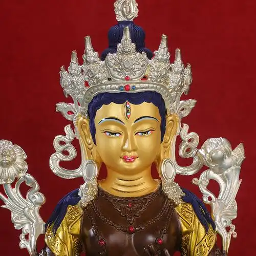 佛像白度母摆件纯铜古色鎏金鎏银密宗10寸双座摆件