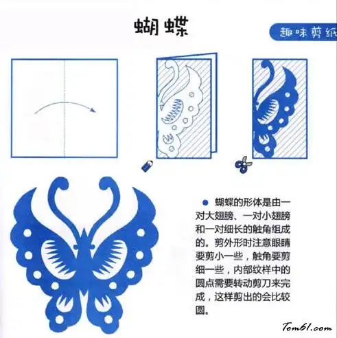 漂亮的花蝴蝶剪纸方法图示-肉丁网剪纸教程  72  怎样动手剪纸蝴蝶