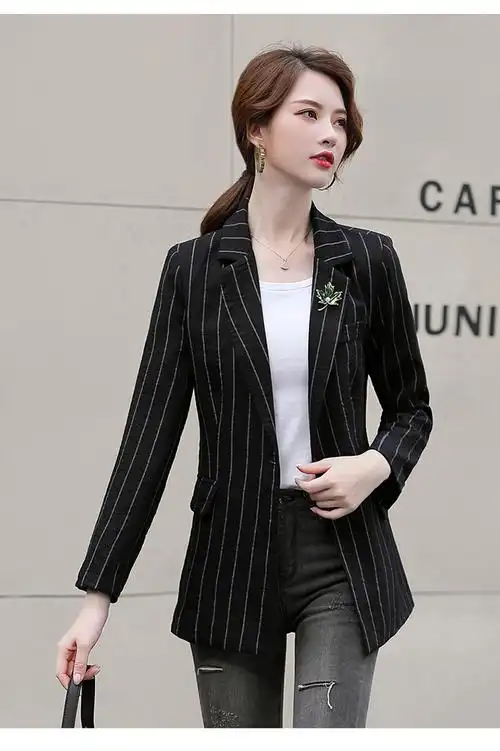 黑白条纹女西装 搭配牛仔裤穿的上衣外套修身竖小西服装春秋装百搭