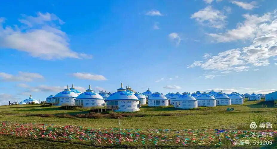 草原上,一个个蒙古包如白云朵朵撒落着.