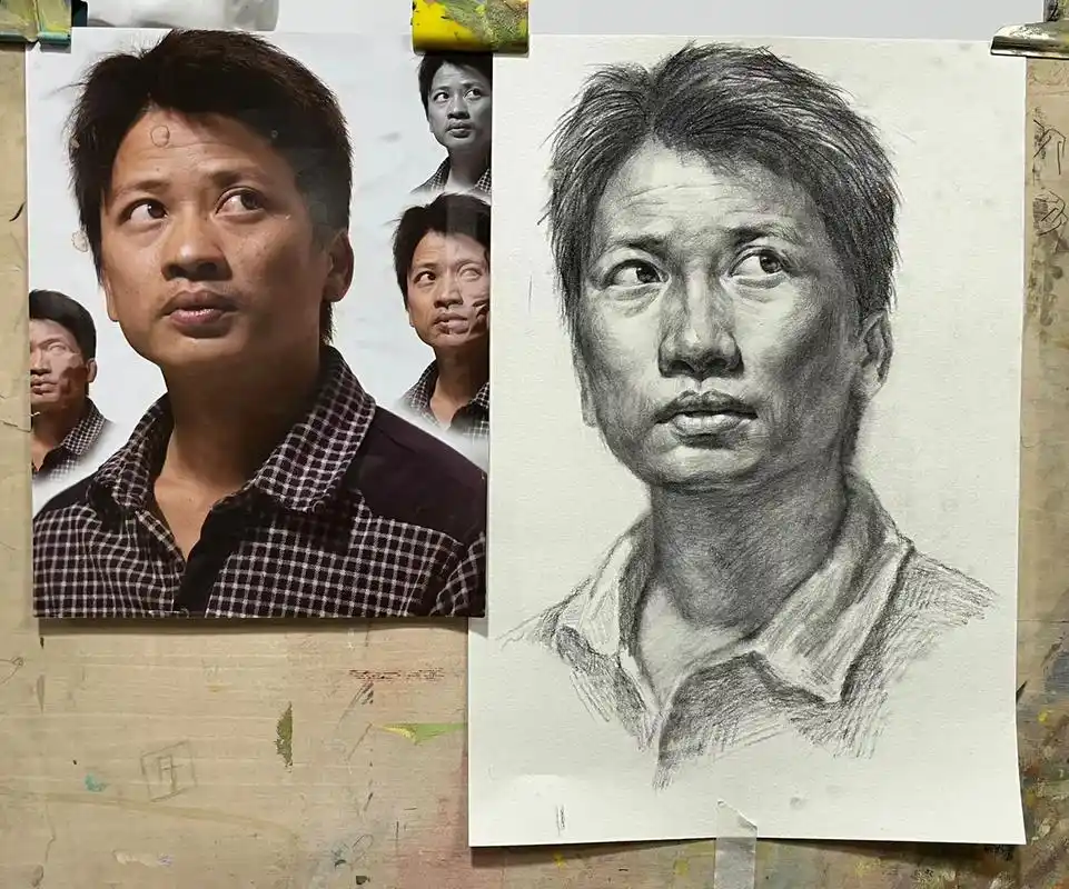 高一组学员 照片模拟写生作品.#人物肖像 #素描头像 #艺考 - 抖音