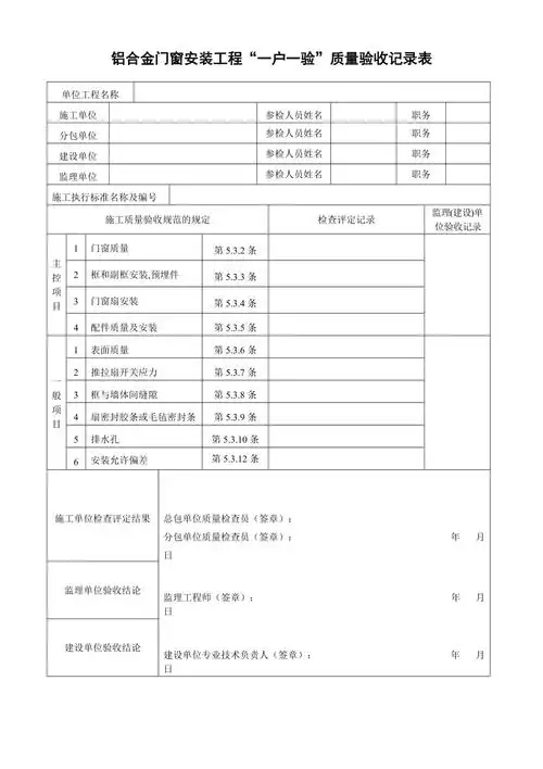 首页 合同表格 地产表格 铝合金门窗安装工程一户一验质量验收记录表
