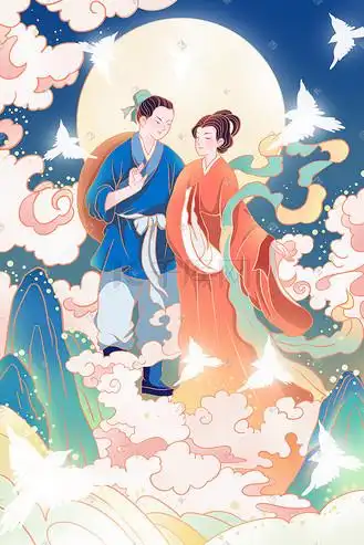 自有品牌节高清背景图片_七夕七夕节牛郎织女插画