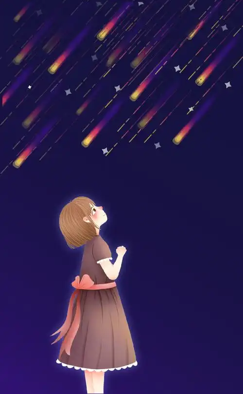 手绘插画星空下的小女孩