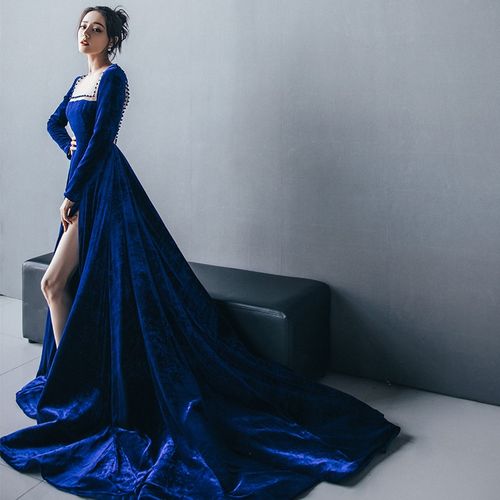 迪丽热巴明星同款冬金丝绒晚礼服钉珠拖地齐地高端气质年会连衣裙