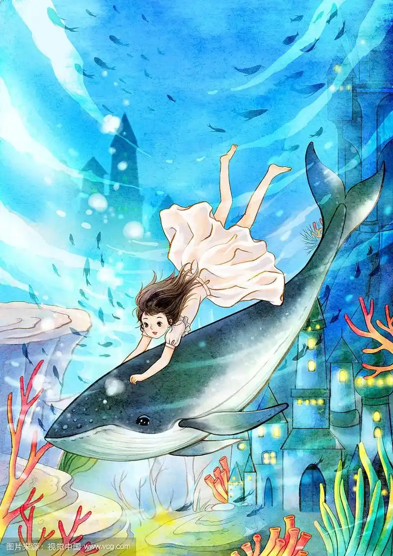 骑着鲸鱼在海底世界遨游的女孩