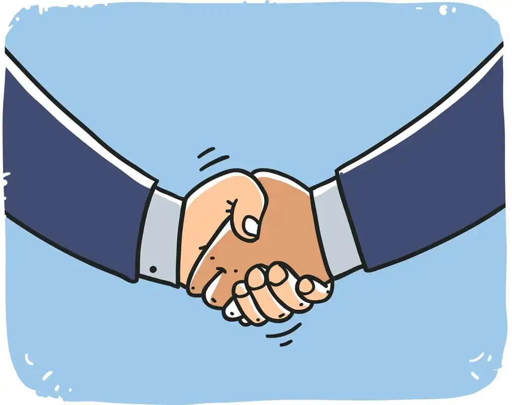 商务男人握手,业务个人握了握手.卡通插画背景上孤立