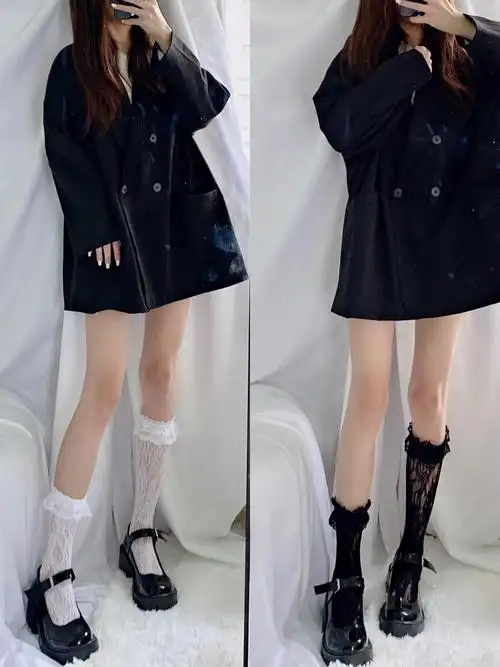 蕾丝中筒袜女白色夏季薄款防勾丝日系ins搭配靴子丝袜半筒小腿袜 黑色