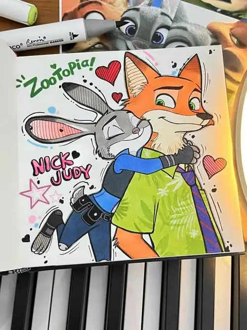 线稿:自动铅笔,针管笔 上色:马克笔 #疯狂动物城# #朱迪# #尼克