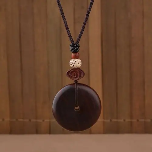 民族风檀木吊坠简约小叶紫檀平安扣挂件手工长款男女复古木质项链