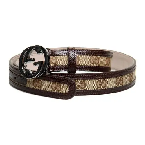 gucci(古驰)卡其色帆布棕色皮质滚边腰带95