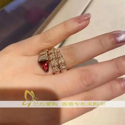 宝格丽蛇形戒指_香港代购 bvlgari宝格丽红碧玺满钻蛇戒 18k玫瑰金双