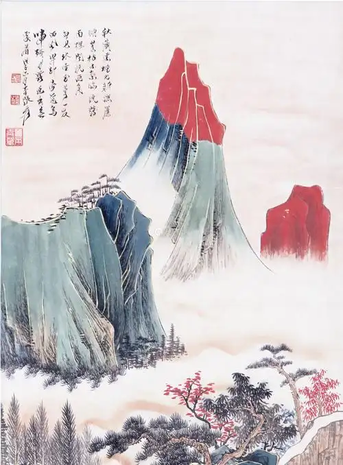 张大千款 青绿山水人物图