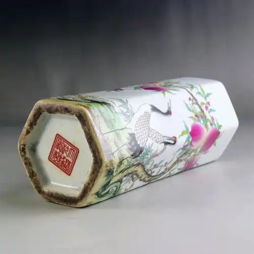 清乾隆年制粉彩松鹤迎春六方笔筒瓷器旧货古玩收藏仿古