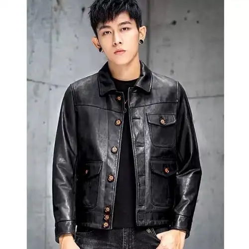 外套短款 翻领修身 皮夹克男潮 韩版 复古新款 高端进口真水洗皮衣男