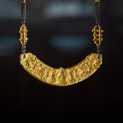 纯手工朝华凝露足金古法黄金錾刻莲花坐佛金牌项链颈饰