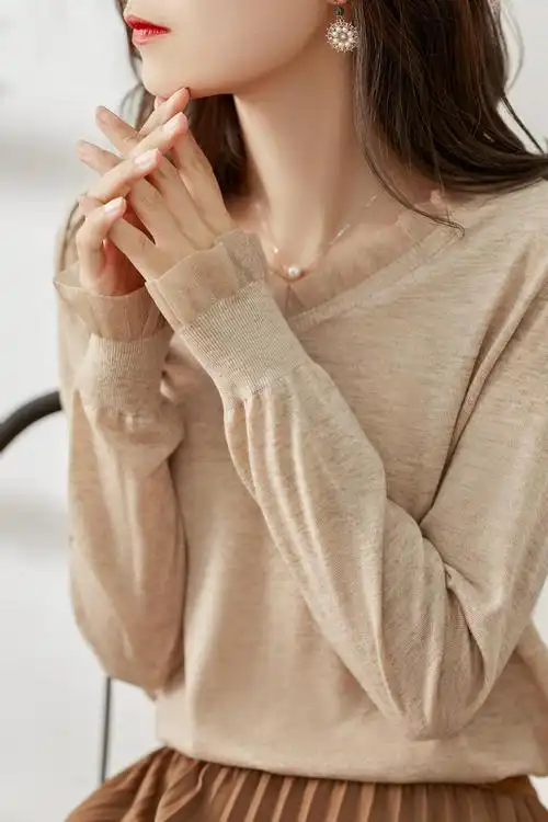 子牧棉麻春装 女韩版木耳边网纱拼接毛衣宽松轻柔触感针织衫上衣5628