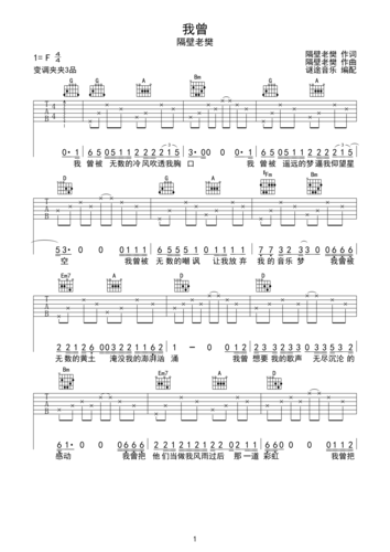我曾-隔壁老樊谜途音乐原版吉他谱d调六线pdf谱吉他