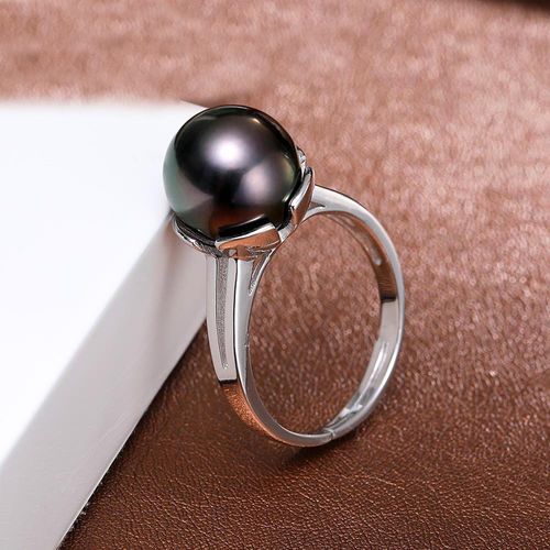 黛米珠宝海眸10-11mm正圆海水大溪地黑珍珠戒指s925银调节戒子女