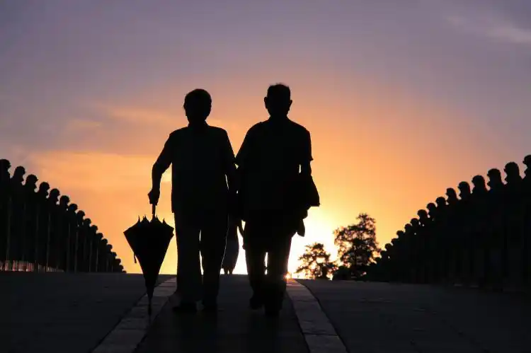 当一对老人手牵着手,从十七孔桥走过时,完美地演绎了"最美夕阳红"的动