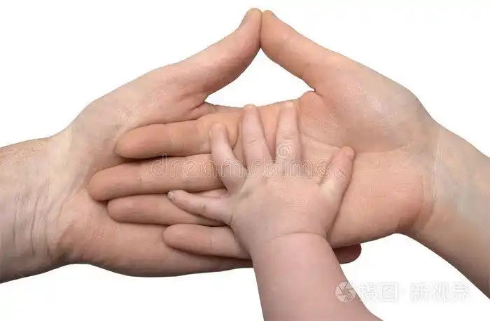 男性手上家族旗帜家庭婴儿牵着父亲的手孩子的手放在大人的手上婴儿