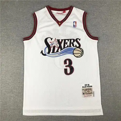 76人艾弗森3号复古白色刺绣球衣
