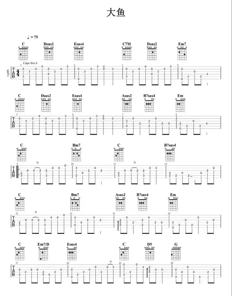 大鱼吉他谱92#吉他谱 #指弹 #前奏一响拾起多少人的回忆 - 抖音