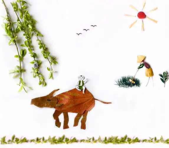 锄禾日当午汗滴禾下土牧童骑黄牛歌声振林樾叶子贴画柳枝银杏叶小草