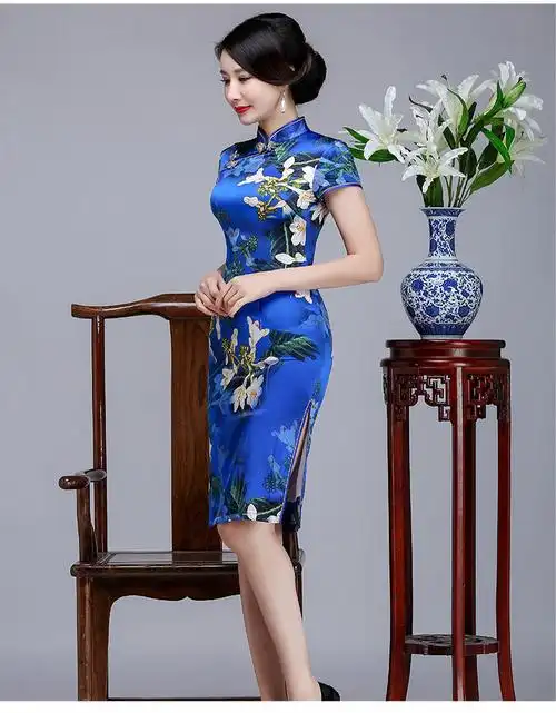 qq 631 新款深海蓝真丝旗袍复古桑蚕