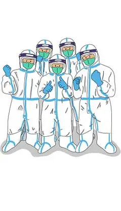 小人合影插画|手绘抗疫防疫疫情隔离服新冠病毒大白合影