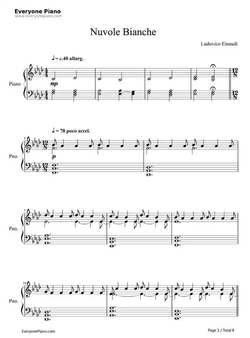 nuvole bianche-insidious插曲-钢琴谱文件(五线谱,双手简谱,数字谱