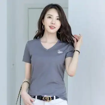 浪莎女装丝光棉短袖t恤女刺绣半袖打底衫宽松显瘦冰丝潮女士气质夏装