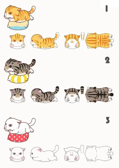 为工厂上色提供的猫咪三视图,皮肤纹路细节.