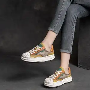 2022春夏真皮复古休闲镂空溶解单鞋厚底松糕运动板鞋景本色女鞋