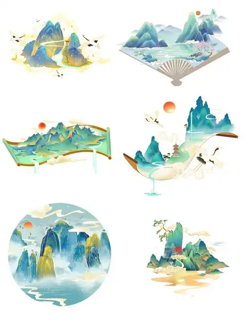 国潮古风山水松柏仙鹤png免抠素材合集