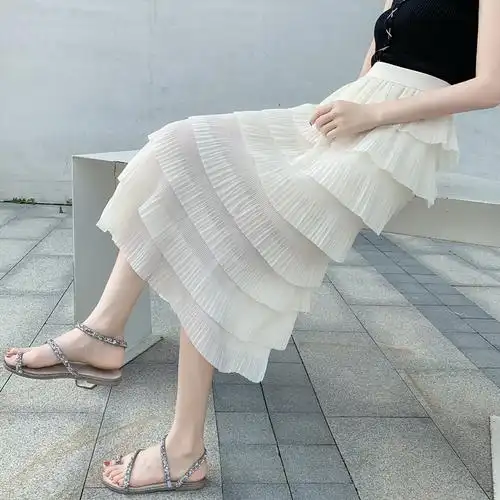 雪纺百褶裙高腰仙女白色半身裙中长款过膝多层次蛋糕裙子春夏装