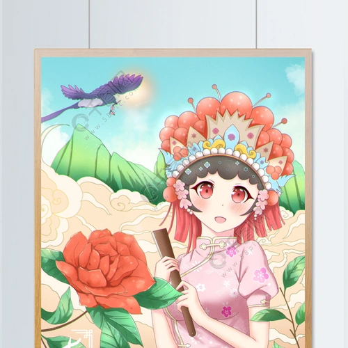 国潮手绘京剧旗袍女孩七夕插画