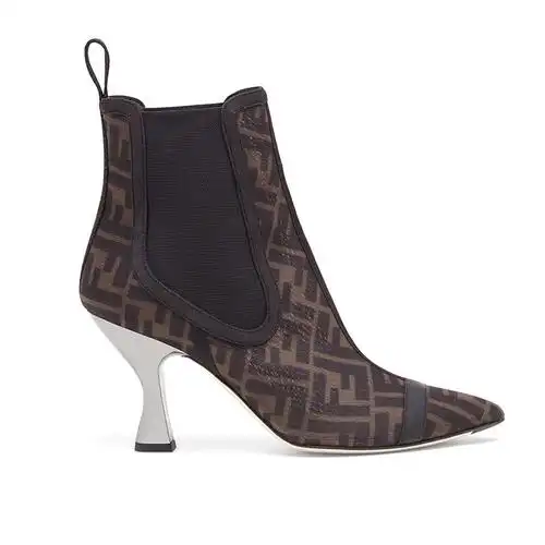 尚品城fendi芬迪女鞋 秋冬季高跟高帮高筒靴ff老花帆布尖头高跟鞋增高