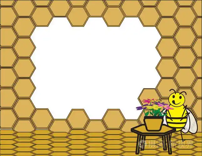 可爱的蜜蜂在桌子旁边花.蜂窝背景框架