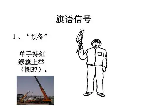 旗语信号 1 ,"预备" 单手持红 绿旗上举 (图37).