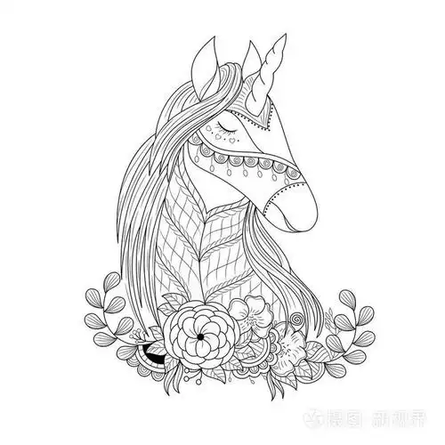 独角兽在花卉zentangle成人着色书页矢量插图