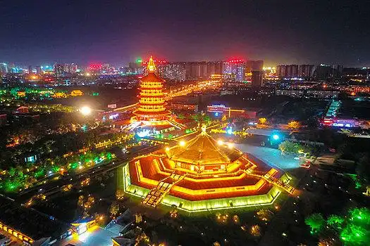 航拍河南洛阳隋唐洛阳城国家遗址公园,明堂天堂景区,夜景