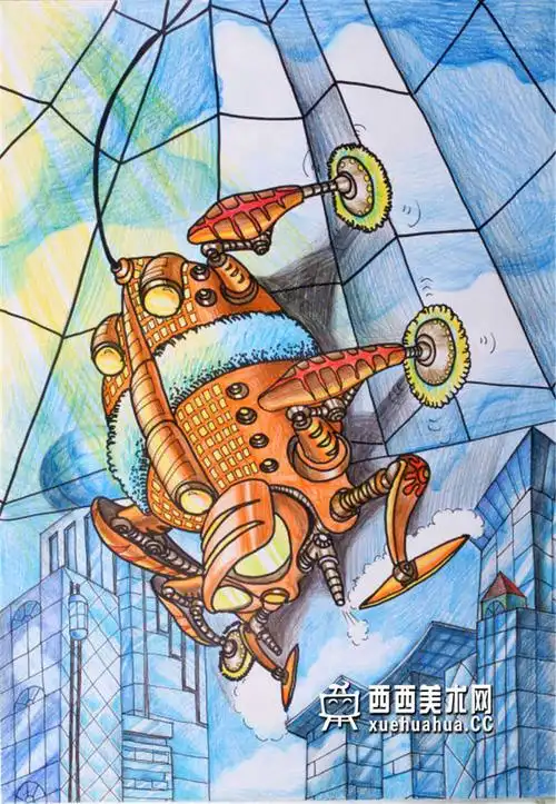 一等奖小学生获奖科幻画《高楼外墙清洁机》赏析