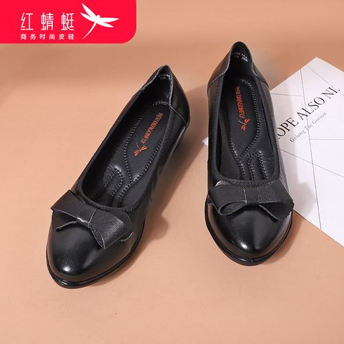 红蜻蜓女鞋夏季真皮跟单中年软底舒适蝴蝶结妈妈单鞋