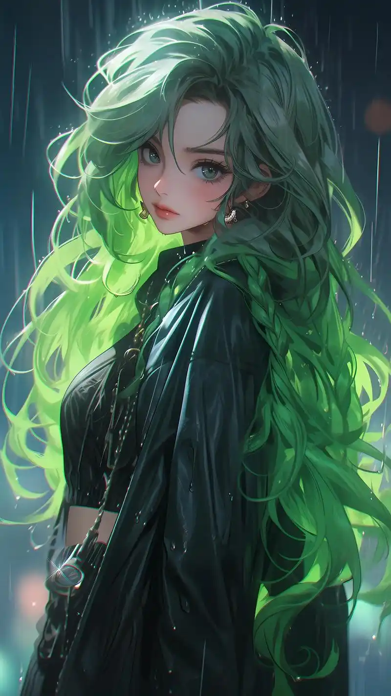 雨中绿发女孩.#二次元#美女#壁纸#头像#雨中 #女孩 - 抖音