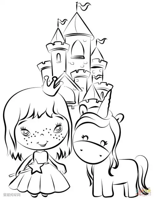 公主和独角兽在城堡附近简笔画图片