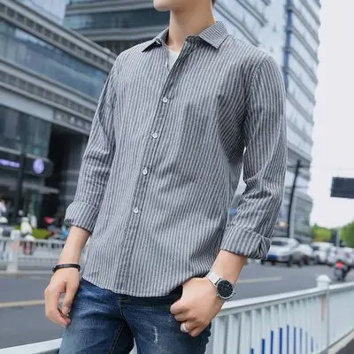 男装长袖衬衫男韩版修身潮流竖条纹 商品反馈